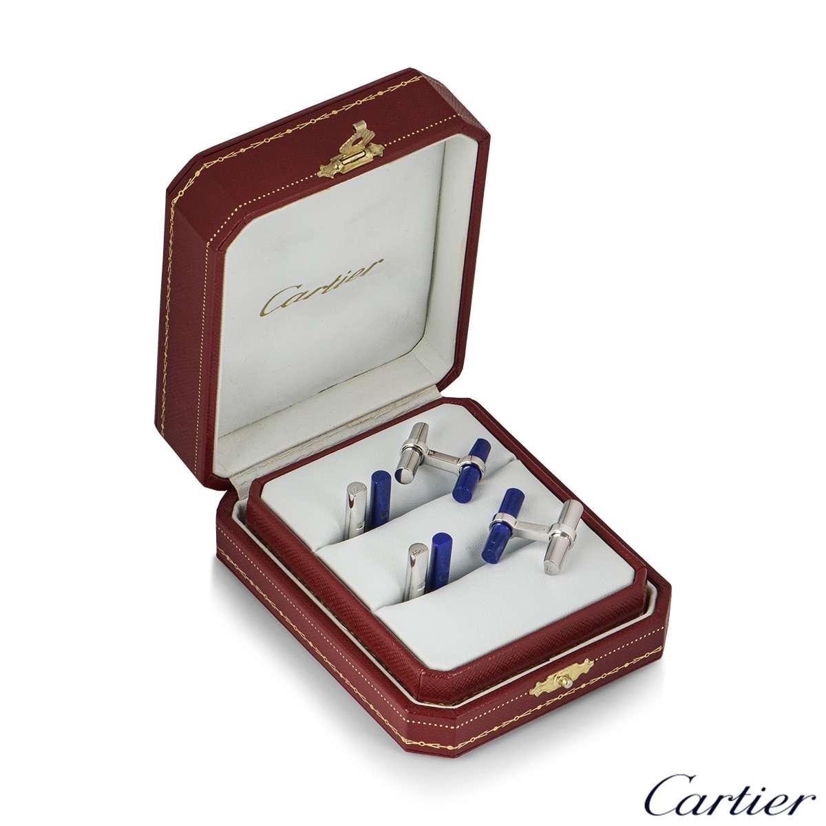 Cartier White Gold, Steel and Lapis Lazuli Cufflinks | Rich Diamonds